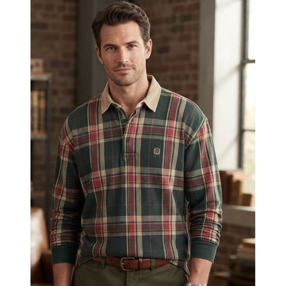 VTG Tommy Hilfiger Plaid Long Sleeve Rugby Polo Shirt Men's L Green Red Cotton